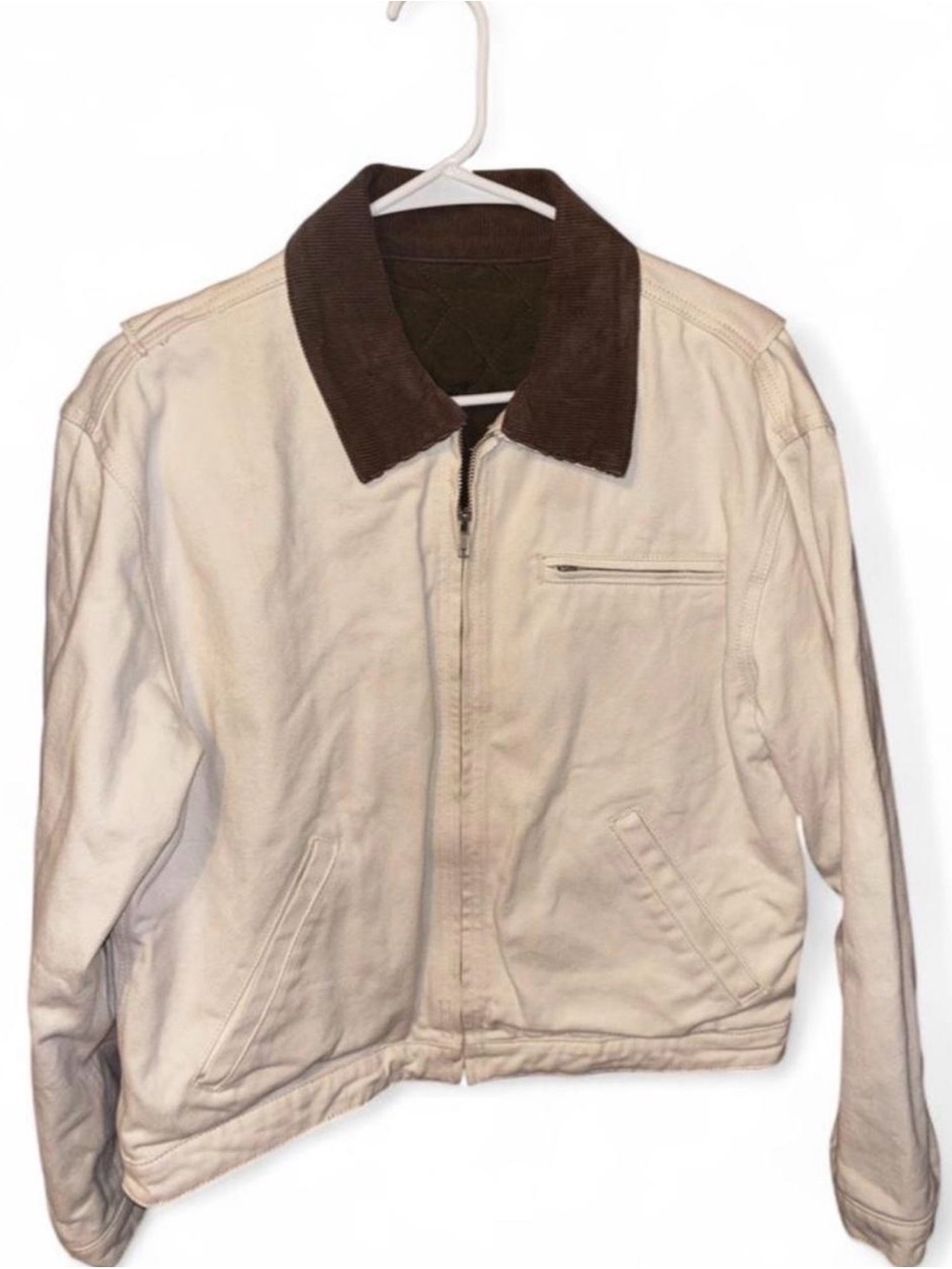 Brandy Melville cream coat with brown courdroy collar and dark green interior.